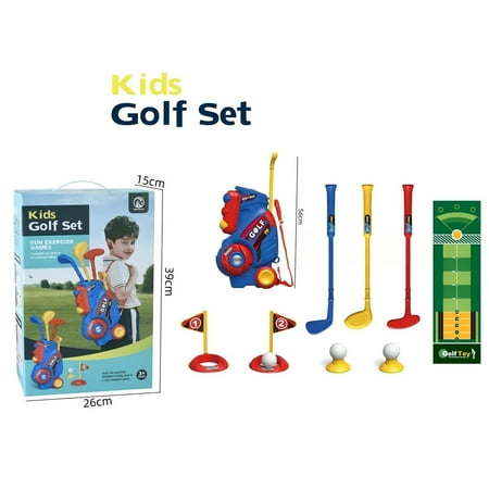 Toddler Golf Set for 1 2 3 4 Years Old Upgraded Kids Golf Cart with Unique Shoulder Strap Design Indoor and Outdoor Golf Toys Christmas Gift for Boys Girls (Pink) Blue With Mat
