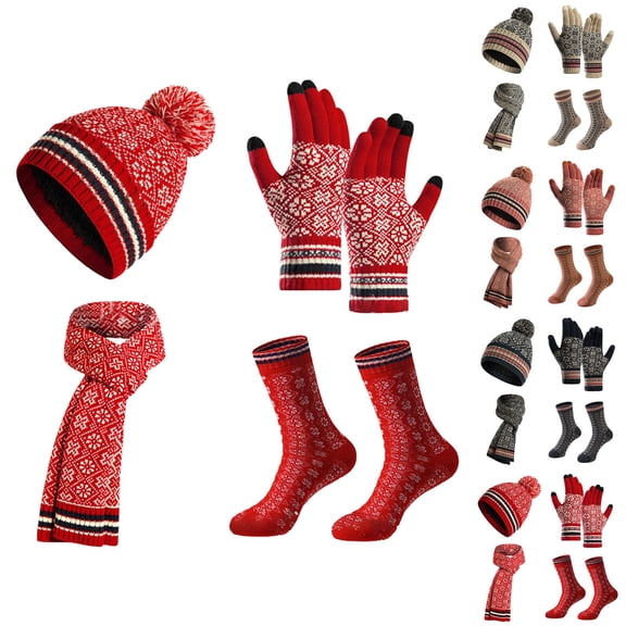 siminsem Winter Hat Scarf Gloves Set for Women 4 in 1 Knitted Beanie Touchscreen Gloves Warm Socks Earmuff Fleece Lined Thick Cold Weather Set Holiday Gift for Her, Red,One Size