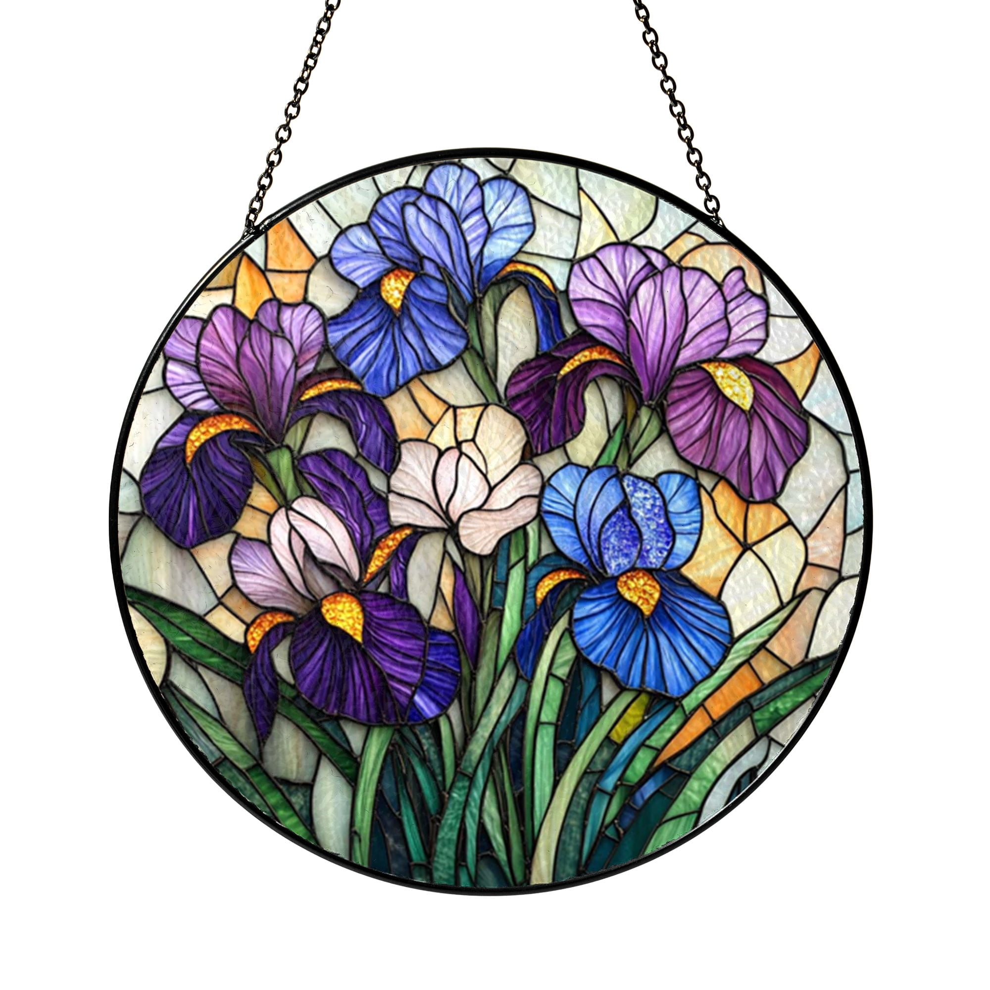 Purple Iris Floral Stained Glass Suncatcher Window Decor Timeless Botanical Art Hanging
