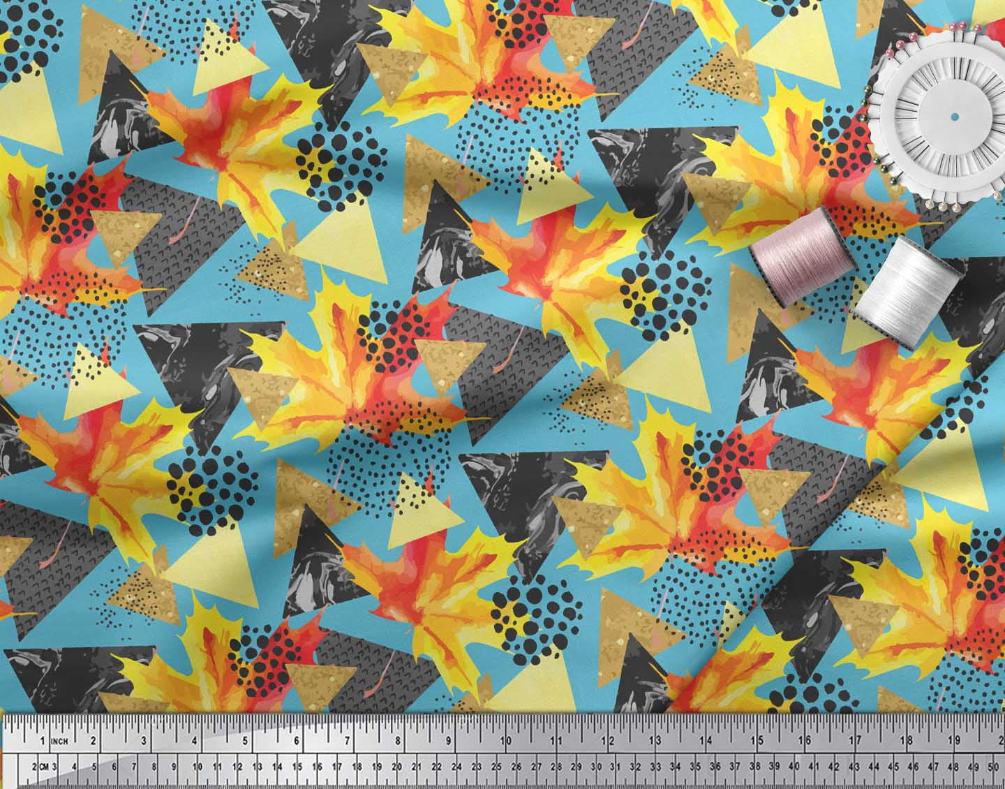 Soimoi Blue polyester Crepe Fabric Triangle,Autumn Leaves & Brush Stroke Abstract Decor Fabric Printed Yard 42 Inch Wide