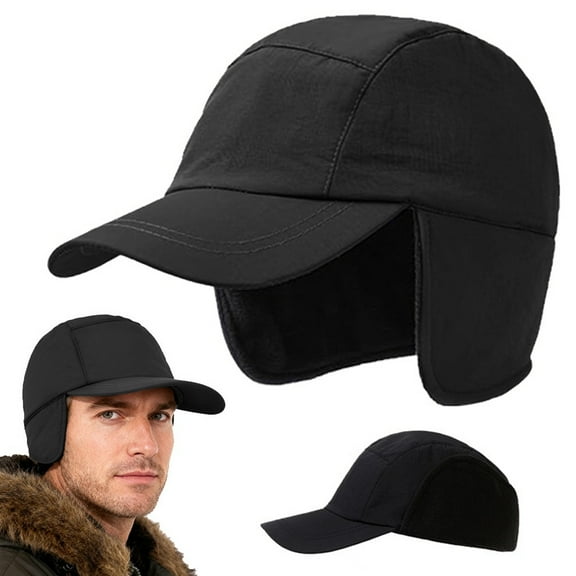HOMEYA Mens Women Fleece Thermal Baseball Cap with Visor Ear Flaps Winter Sports Hats, Black