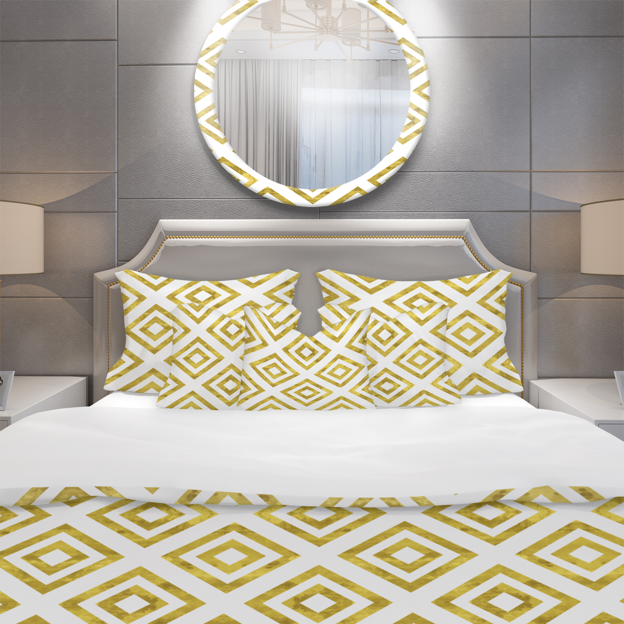 Designart 'White and Gold Pattern' Mid-Century Modern Duvet Cover Set