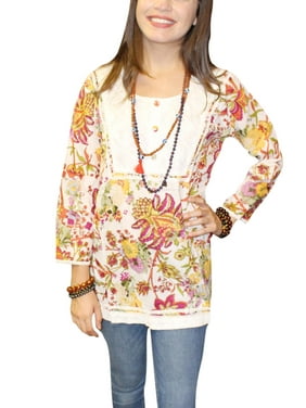 Mogul Women's White Floral Print Cotton Tunic Lace Work Long Sleeves Blouse Top S