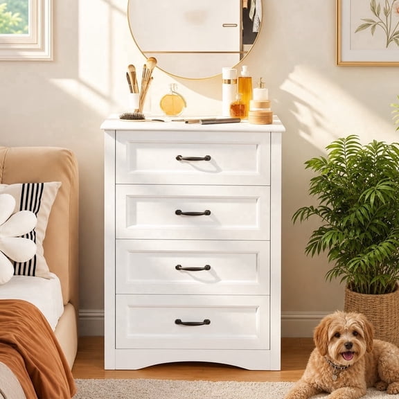4 Drawer Dresser for Bedroom, Engineered Wooden Chest of Drawers with Sleek Metal Handles for Living Room - White