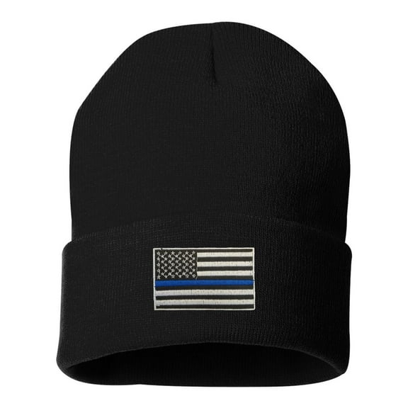 Adult Thin Blue Line USA Flag Embroidered Cuffed Knit Beanie Cap