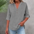 thumbnail image 2 of LNWUY Linen Tops for Women Fashion Summer Dressy Casual Shirts 1/2 Sleeve Button Down Tunics V Neck Loose Comfy Gauze Blouses Gray S, 2 of 9