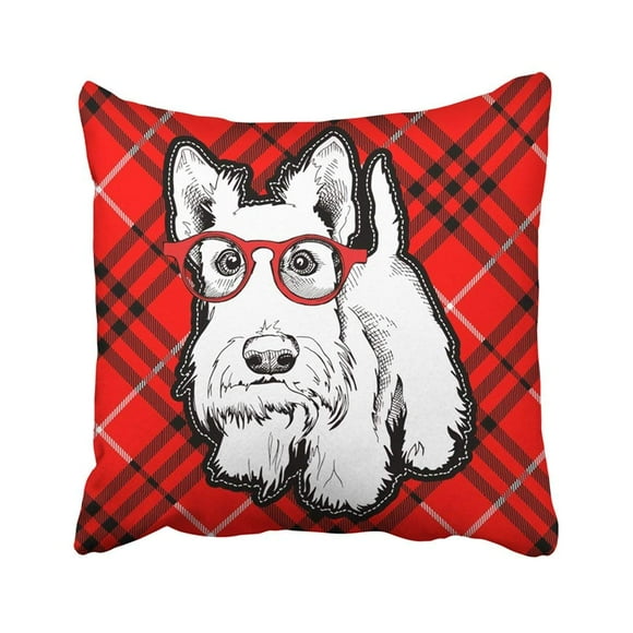 BOSDECO Black Scotty Scottish Terrier In Red Glasses On Checkered White British Dog Plaid Animal Pillowcase 18x18 inch
