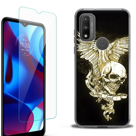 Slim-Fit Fashion Phone Case for Motorola Moto G Pure, with Tempered Glass Screen Protector, by OneToughShield ® - Wing Skull