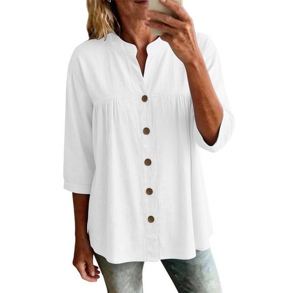RQYYD Womens Split Neck Full Button 3/4 Sleeve Blouse Casual Loose Fit Tunic Top for Daily Wear