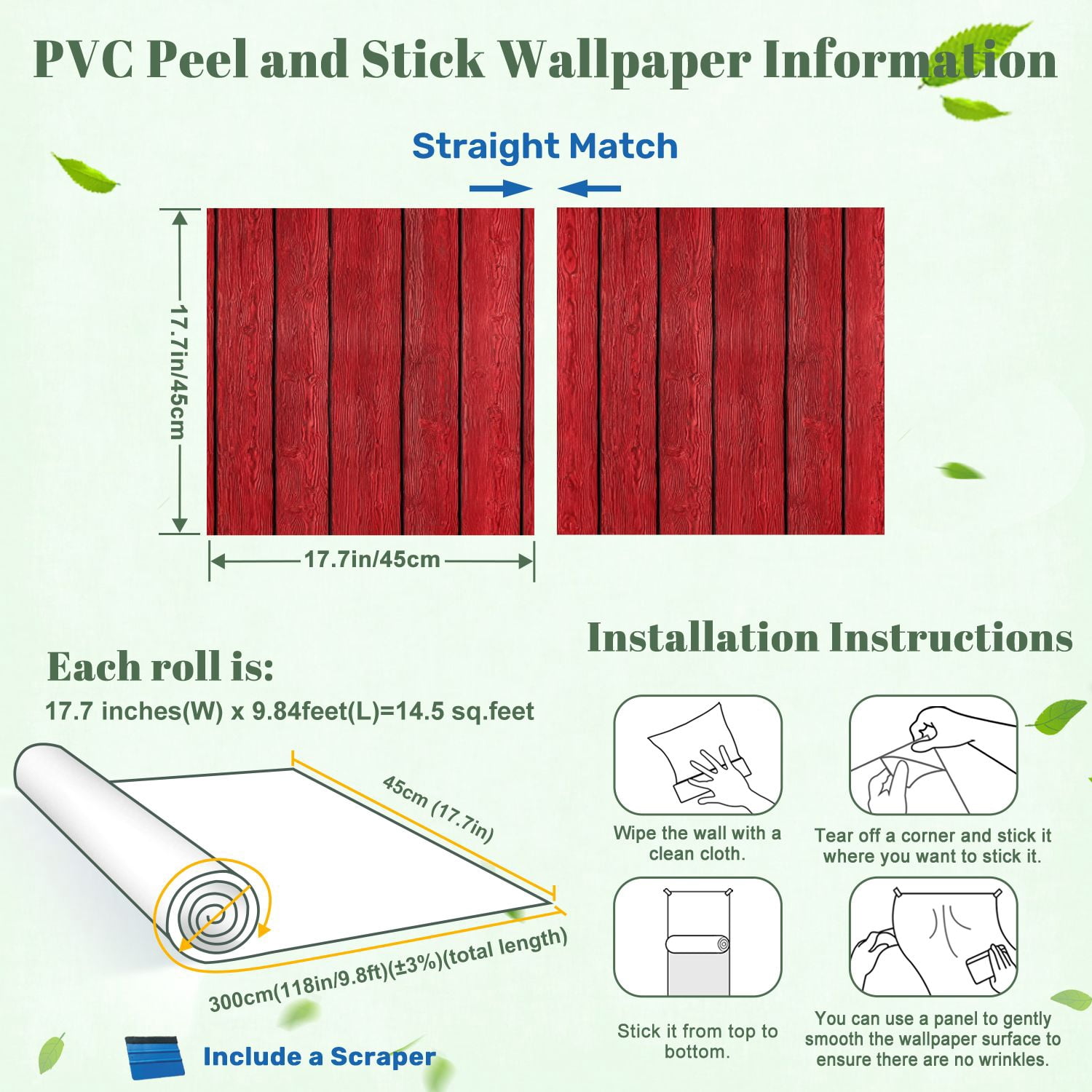 Peel and Stick Wallpaper Red Painted Wooden Planks Vertical Rustic Wood Texture 17.7in x 118in Contact Paper Removable Self Adhesive Wall Mural Wall Decor for Bedroom Kitchen Cabinets