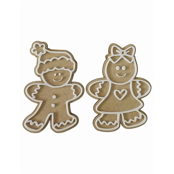 Pareja decorativa de figuras tipo jengibre en tamaño grande elaboradas en MDF con detalles en acrílico blanco que destacan su diseño navideño.