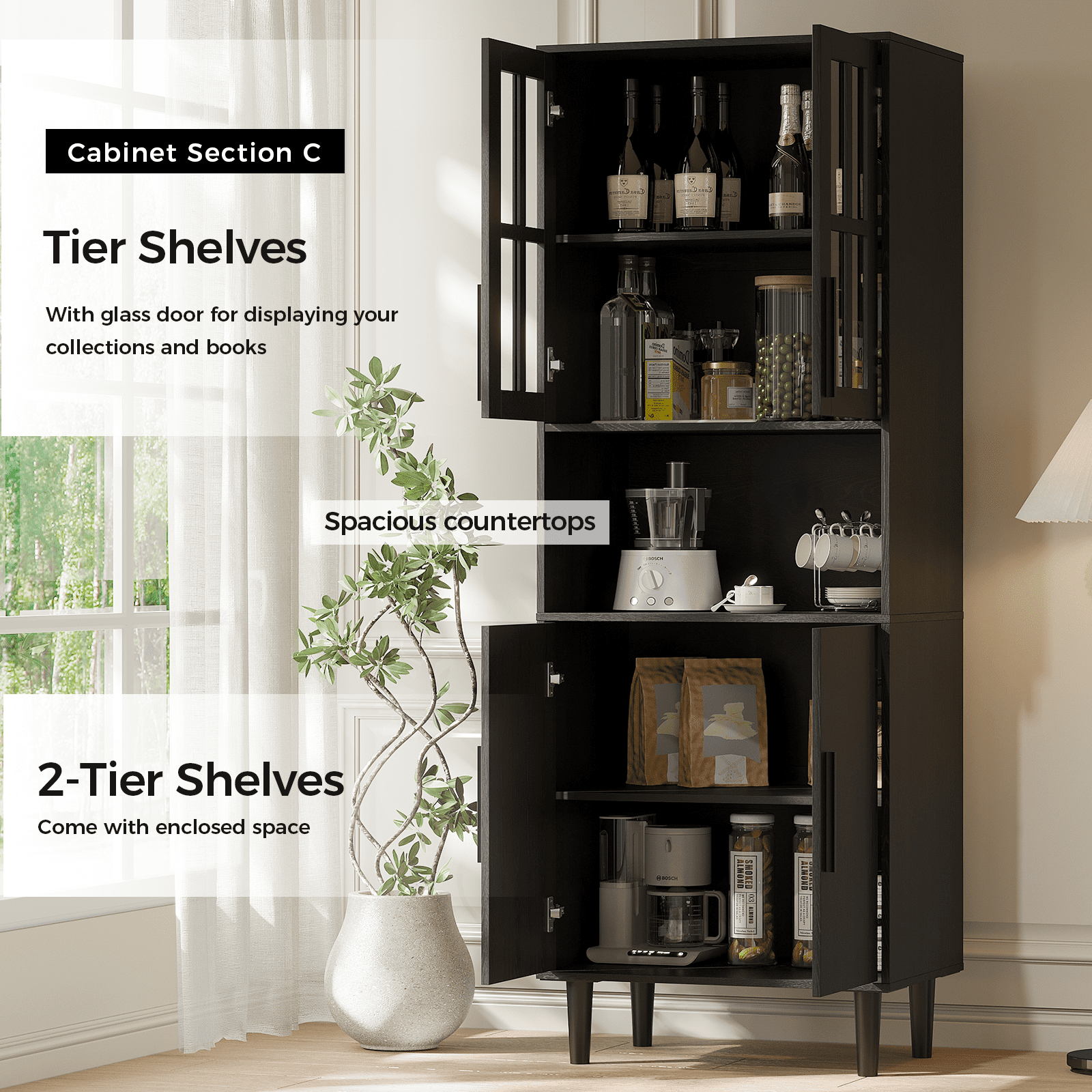 RichYa 3Pcs Bookcases with Doors,5-Tier Bookshelves with Storage Cabinet,Combination Display Cabinets for Home Office,Black(AAA)