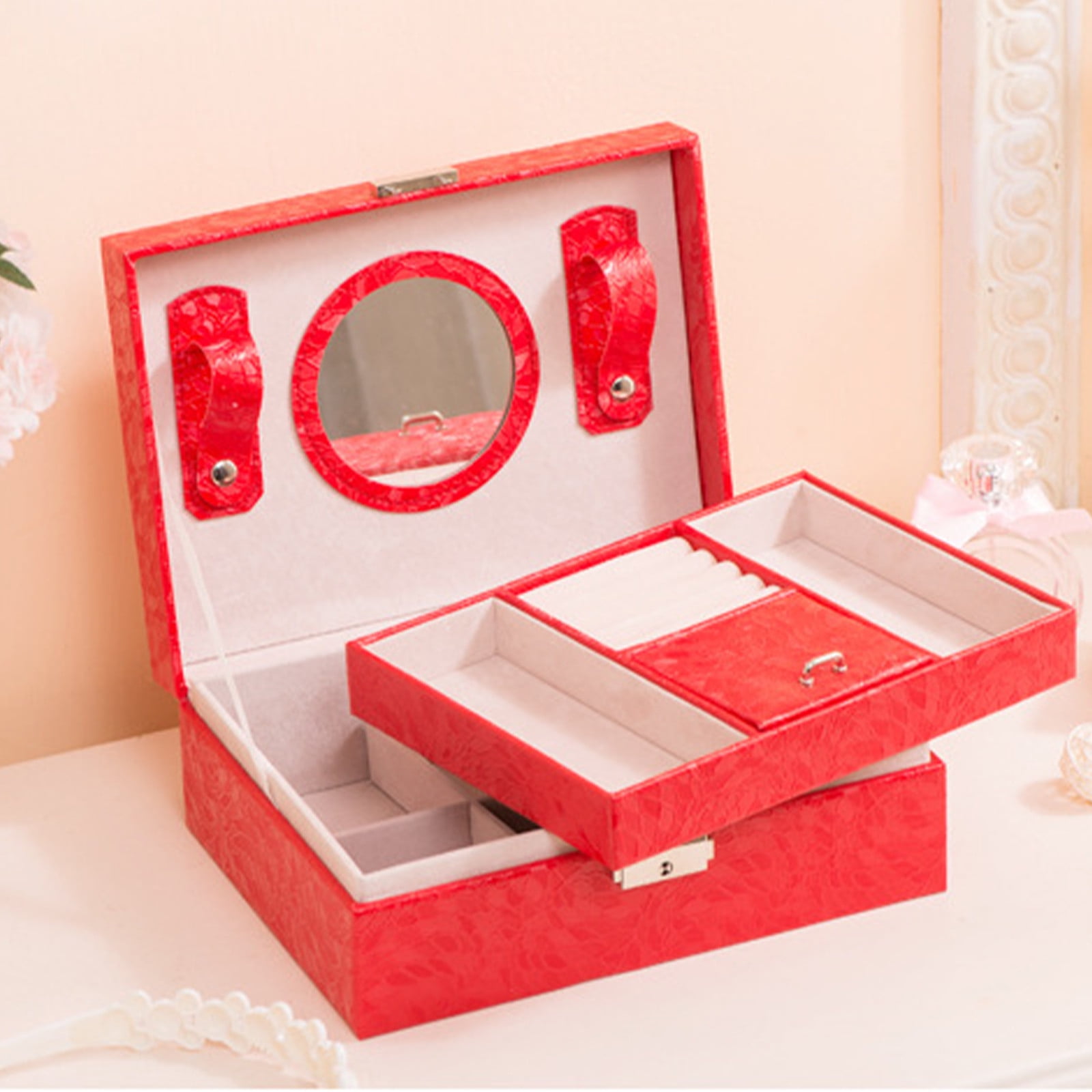 Jubipavy Jewelry Box With Lock And Mirror Jewelry Organizer Storage Case With 2-Layers Display For Earrings Bracelets Rings Watches