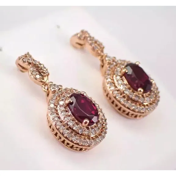14K Rose Gold Plated 3TCW Oval Cut Lab-Created Garnet Halo Drop Dangle Earrings Women's