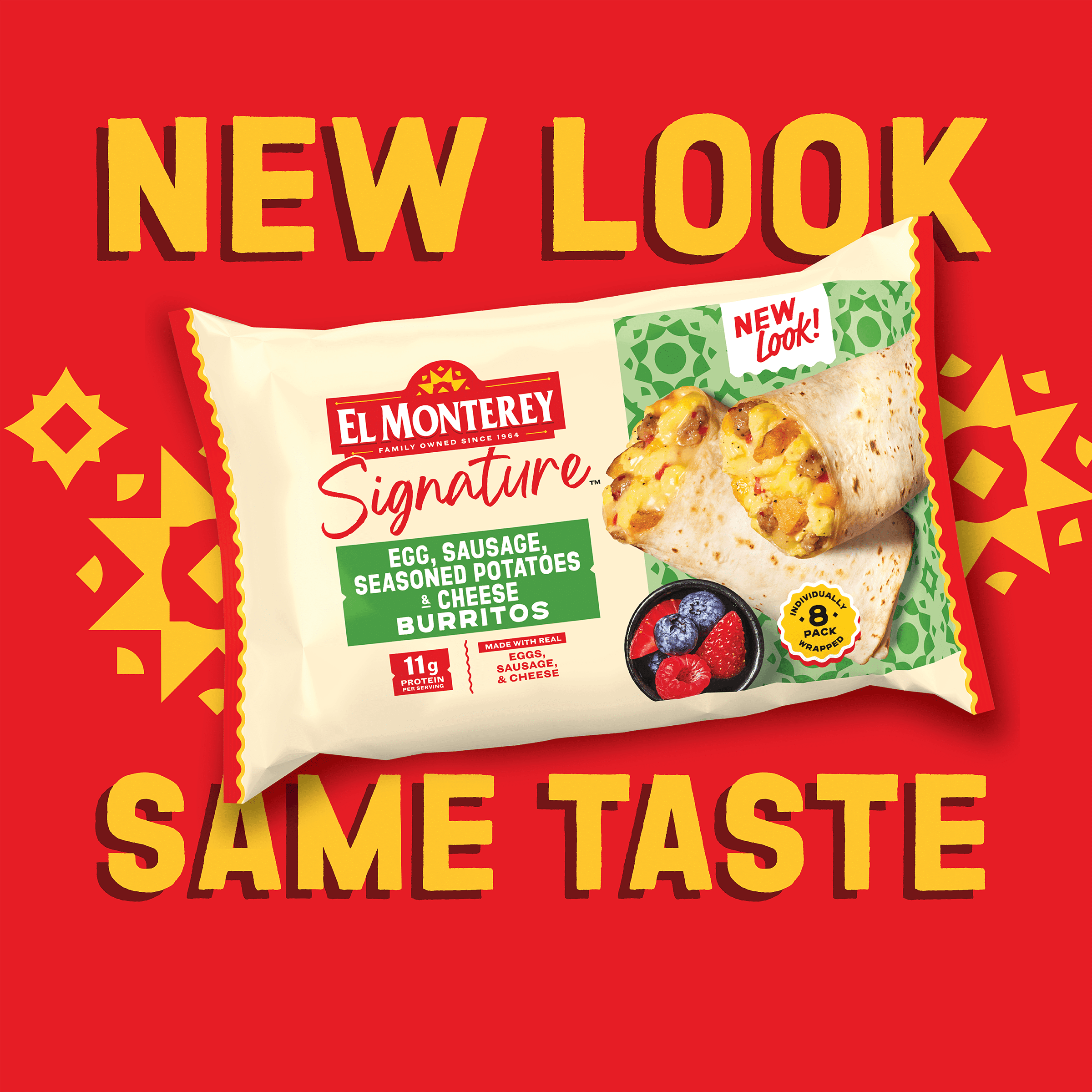 El Monterey Signature Egg, Sausage, Cheese & Potato Burritos, 36 oz, 8 Count (Frozen)