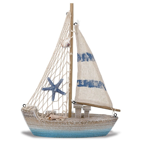 CoTa Global Blue Wave Sailboat Nautical Decor - Handmade Beach Themed Wooden Boat Home Decor for Living Room Shelves, Tabletop, Desk, Cute Nautical Party Decorations - 11.25 Inches