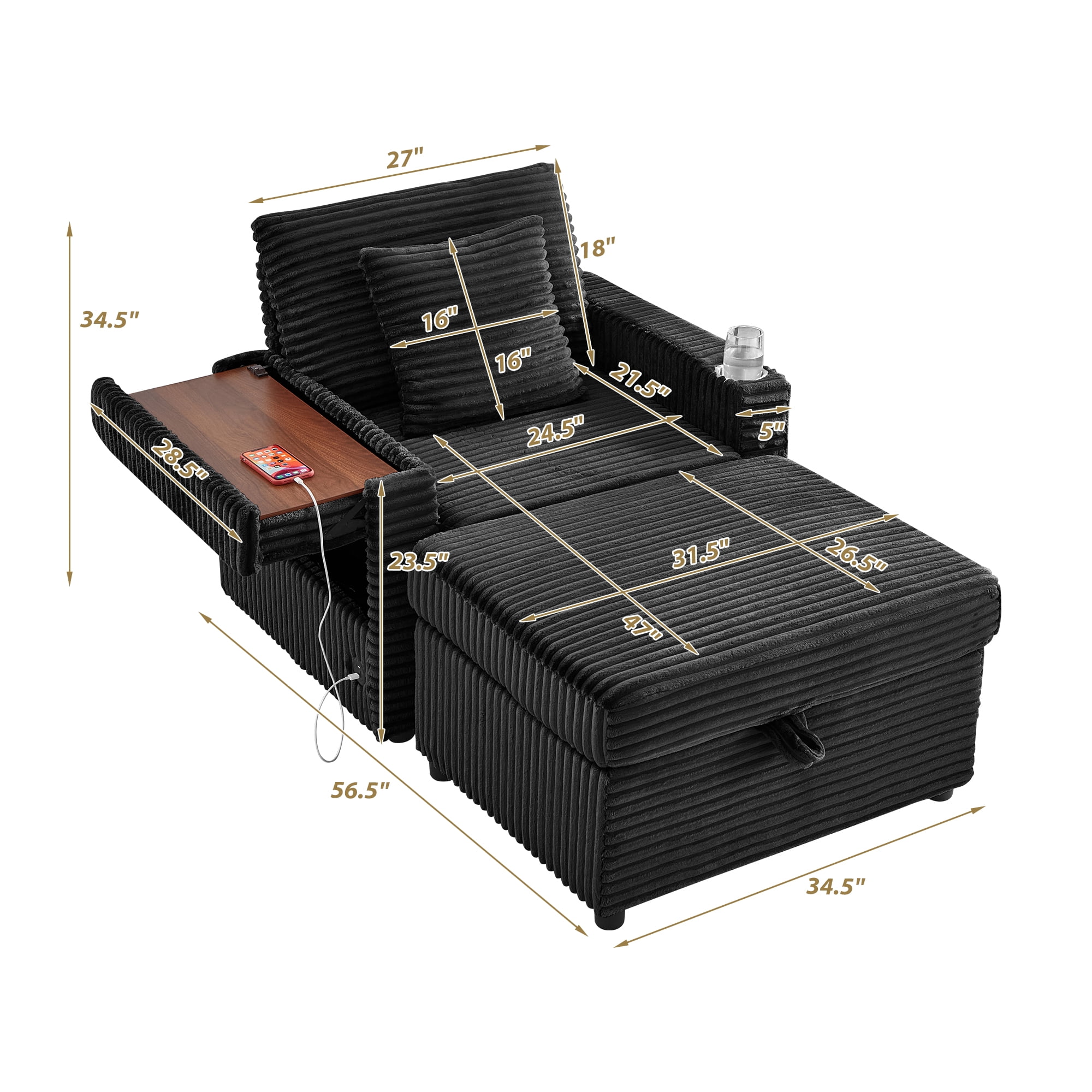 34.5" Soft Chaise Lounge Accent Chair Set with Ottoman, Table Board and Cup Holder