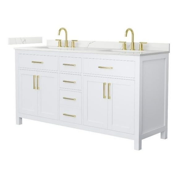 Beckett 66" White Double Vanity & Giotto Quartz Top (3-Hole) & Gold Trim