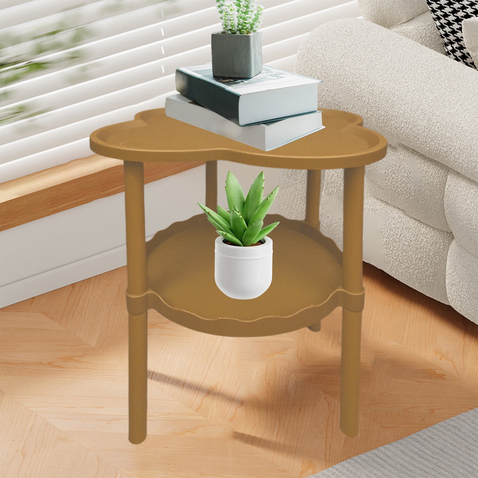 Movable Four Leaf Clover Shape Storage Side Table, Wheeled Sofa End Table Living Room Snack Table with Cloud Shelf, Flexible Storage Solution for Compact Spaces and Modern Home Living