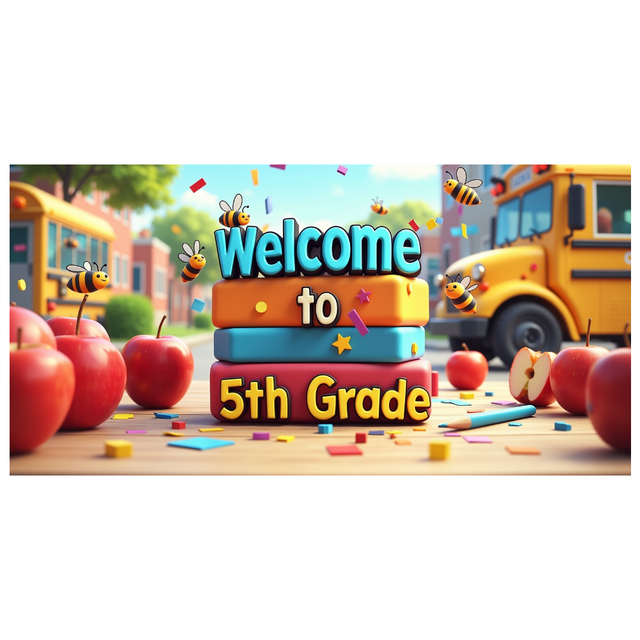 Cute Cartoon Style Welcome to 5 Grade Banner with Bees Apples and School Bus Background Party Decorations Backdrop for Classroom Entrance First Day of School Photo Booth Props School Events