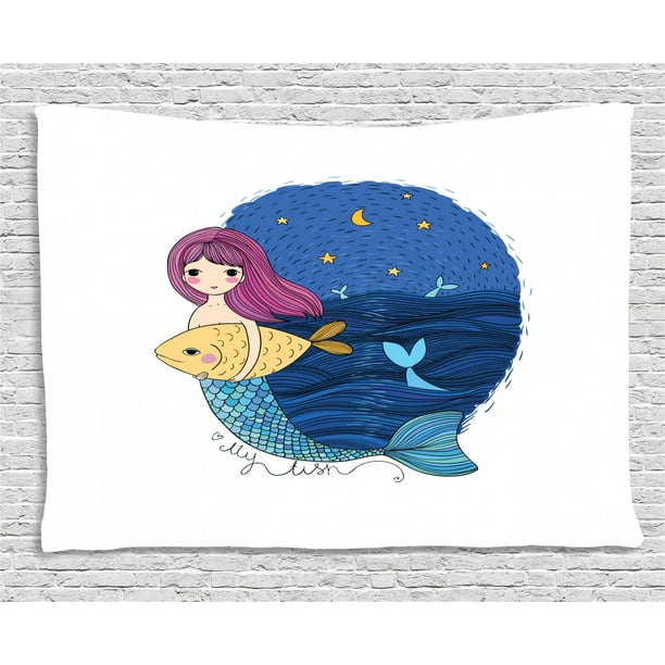 Fantasy Tapestry Hand Drawn Style Mermaid Holding A Fish On Backdrop With Seascape At Night Time Wall Hanging For Bedroom Living Room Dorm Decor 80w X 60l Inches Multicolor By Ambesonne