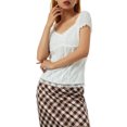 thumbnail image 3 of Fortune Women Short Sleeve White T-Shirts Square Collar Lace Splicing Tee Base Slim Crop Tops, 3 of 9