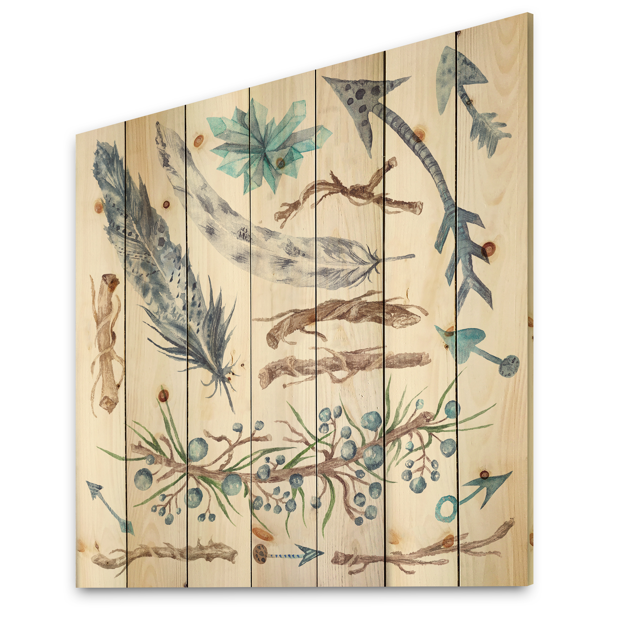 Designart 'Tribal Forest Elements' Bohemian & Eclectic Print on Natural Pine Wood