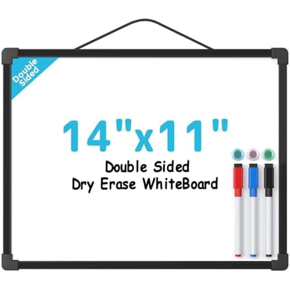Double-Sided Dry Erase Board, 14"x11" Mini Hanging Whiteboard, Small White Board with 3 Dry Erase Markers and 3 Magnets, Portable for Planning, Drawing, Memo, to Do List, Black Frame