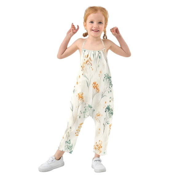 Girls' Jumpsuits Rompers Summer Casual Sleeveless Rompers With Pockets Spaghetti Strap Romper Green and Orange Small Flowers 1T