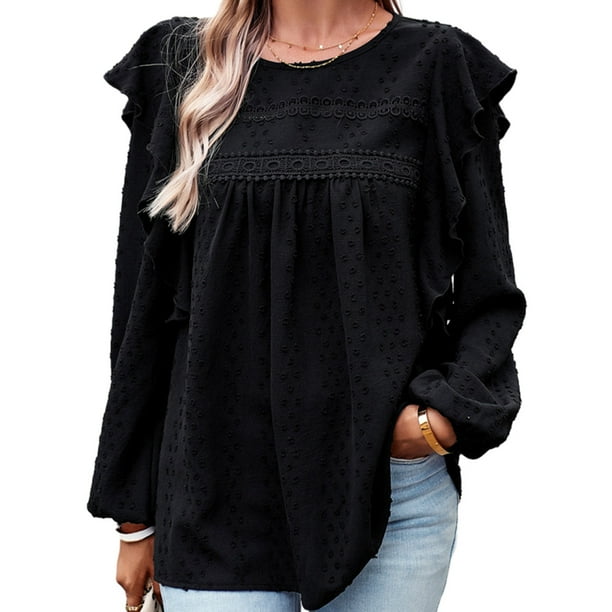 Ropa de mujer Babydoll Top Blusa de cuello redondo Camisas, Top casual de manga larga con temperamento, S-XL