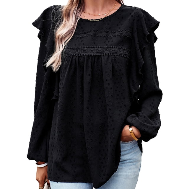 Ropa de mujer Babydoll Top Blusa de cuello redondo Camisas, Top casual de manga larga con temperamento, S-XL