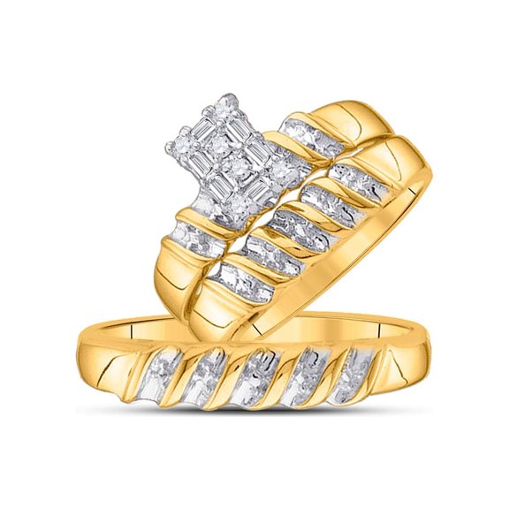 FB Jewels 10kt Yellow Gold His & Hers Round Diamond Cluster Matching Bridal Wedding Ring Band Set 1/10 Cttw