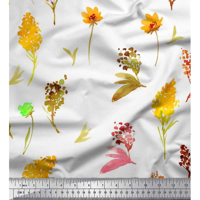 Soimoi polyester Crepe Fabric Flower & Leaves Watercolor Decor Fabric Printed Yard 52 Inch Wide