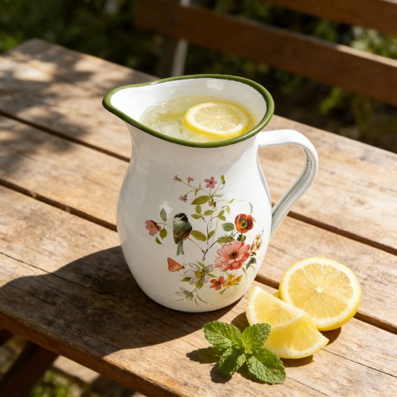 Enamel Pitcher 1.2 Qt, Vintage White Enamelware Water Pitcher Serving Beverage,Tea,Milk,Coffee,Decorative Flower Pitcher Vase for Kitchen Countertop Living Room Tabletop Decor