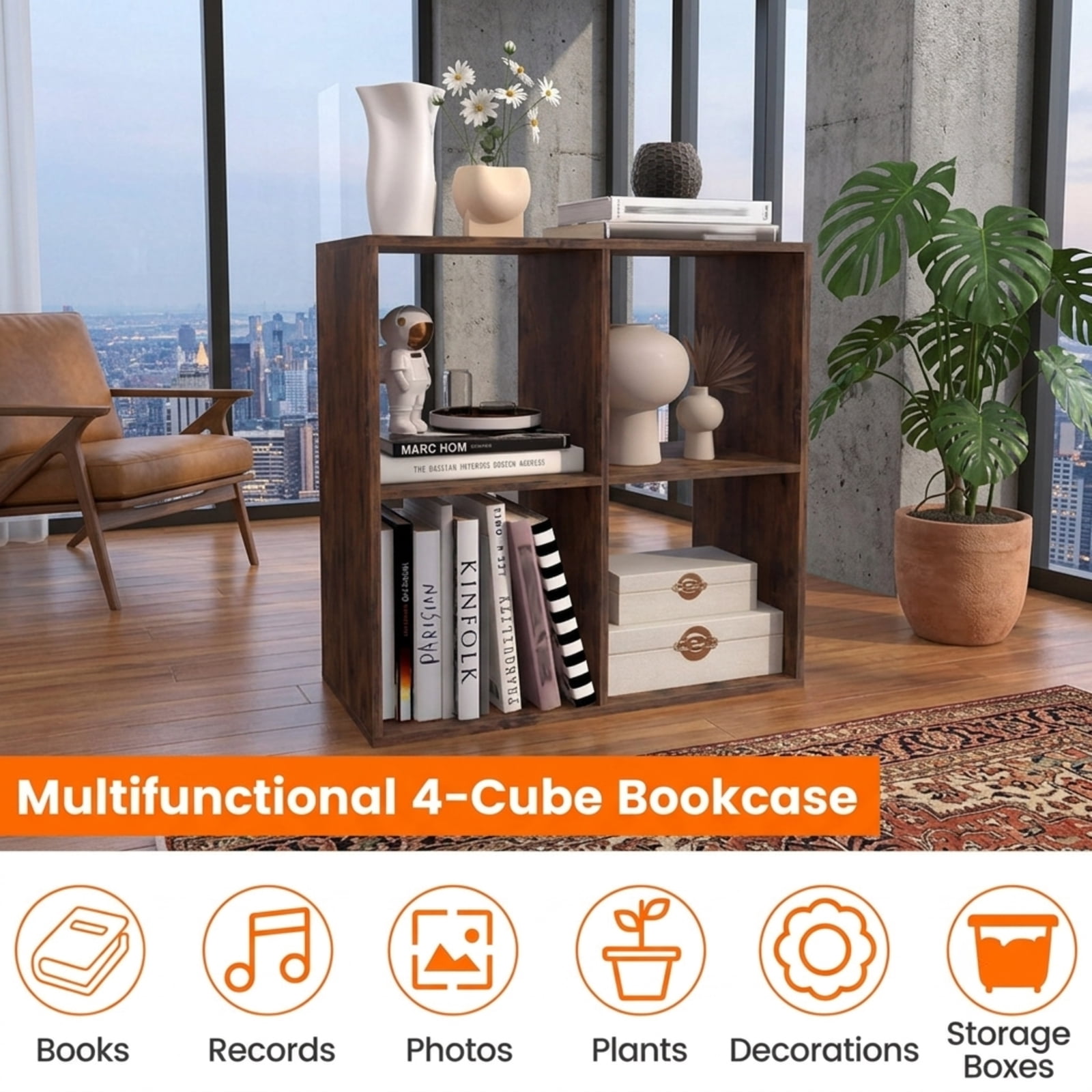 Furnibear 4-Cube Bookshelf with Back Guardrail Reinforced Crossbar and Anti-Tipping Kits for Living Room and Bedroom Books and Boxes, Coffee, Brown