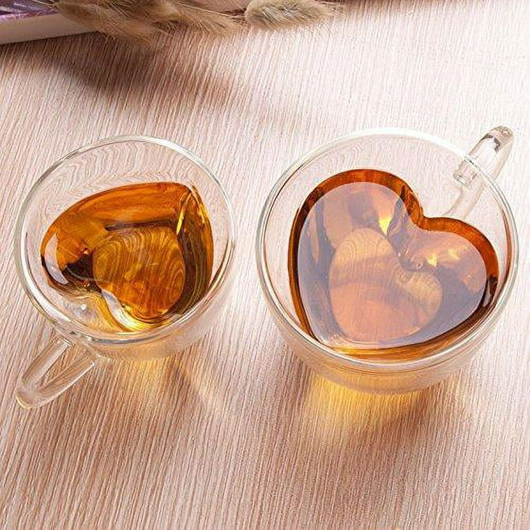 lauderhome heart shaped double walled insulated glass coffee mugs or tea  cups, double wall glass 10 oz - clear, unique & insulated with handle 