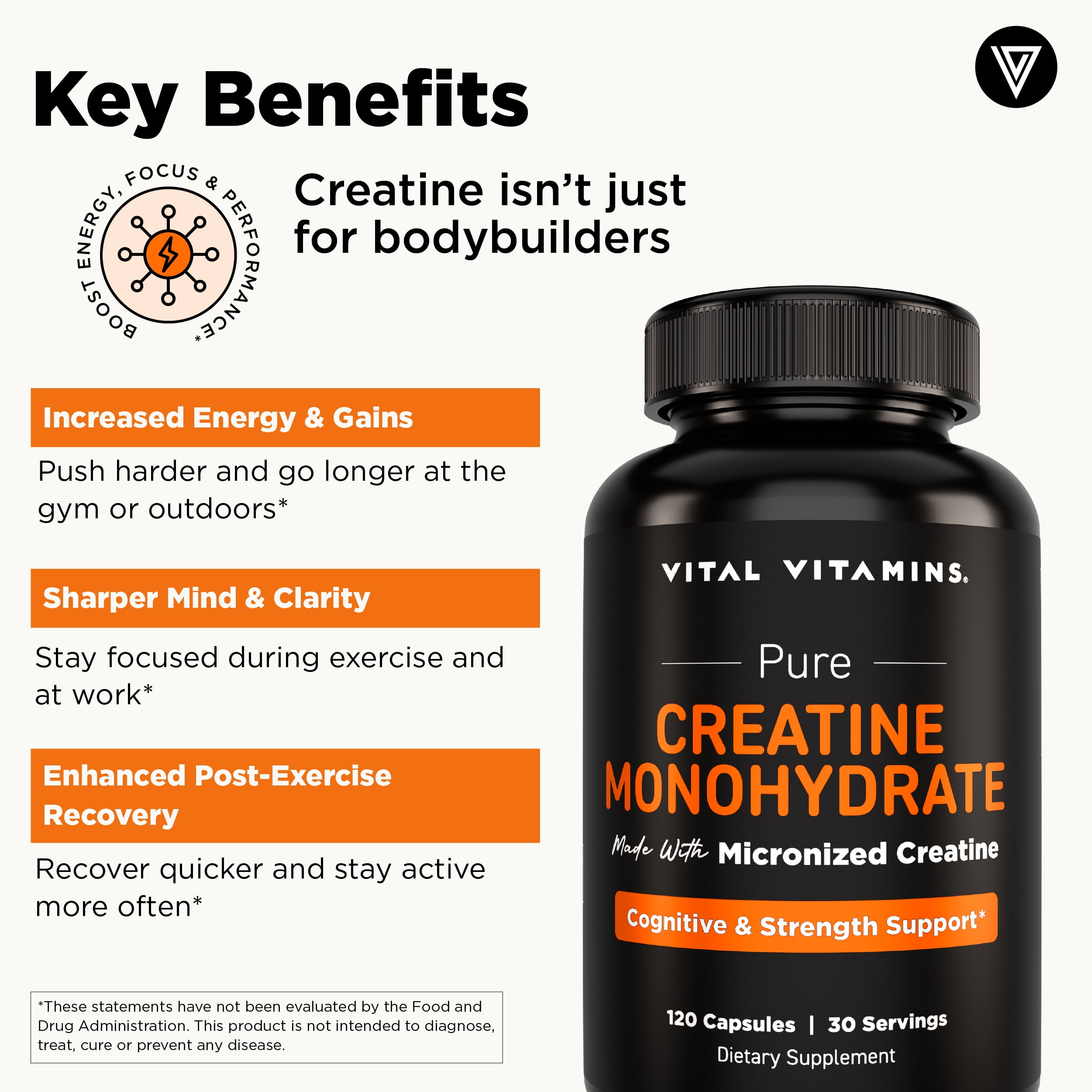 Vital Vitamins Creatine Monohydrate Capsules – Muscle Strength, Recovery & Cognitive Support for Men & Women – 120 Vegan Pills