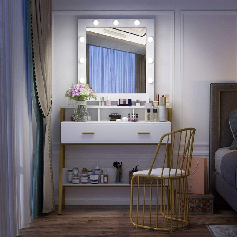 FCH Vanity Table Makeup Dressing Table with Mirror, 2 Drawers, 10