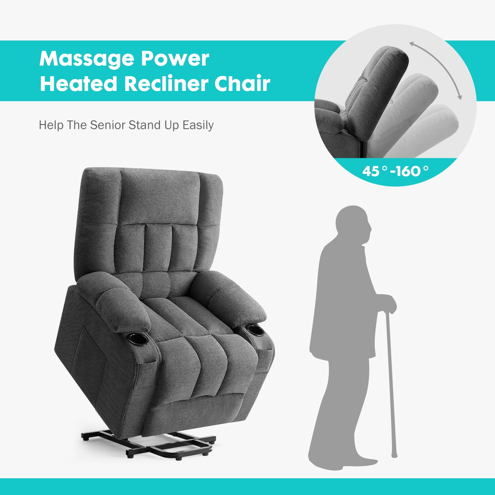 GIANNA Recliner Chair with Vibrating Massage and Heating, Adjustable Electric Power Lift Chair with Remote Control, For Living Room, Gray