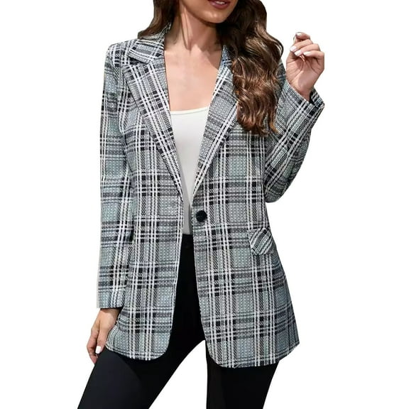Plaid Blazers For Women Business Casual Lapel Long Sleeve Jackets with Pockets Formal Loose Work Office Coats (Gray XL)