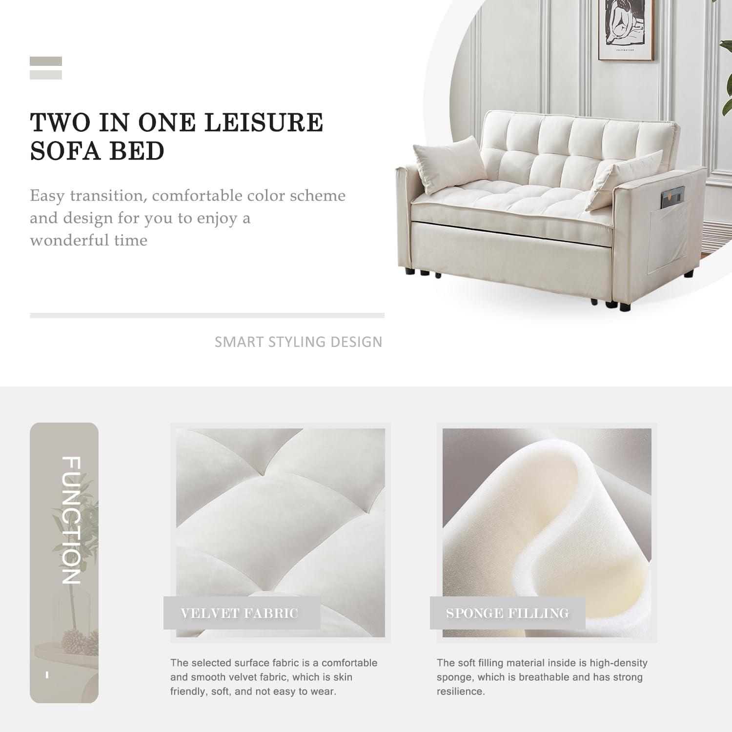DEALTOPS Convertible Loveseat 55" 3-in-1 Multi-Functional Pull-Out Bed, White Velvet