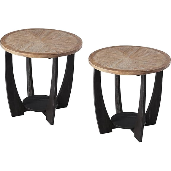 Set of 2 Rustic Farmhouse End Tables with Storage Shelf, French Country Modern Round Accent Side Table for Small Spaces, Wood Top & Black Base