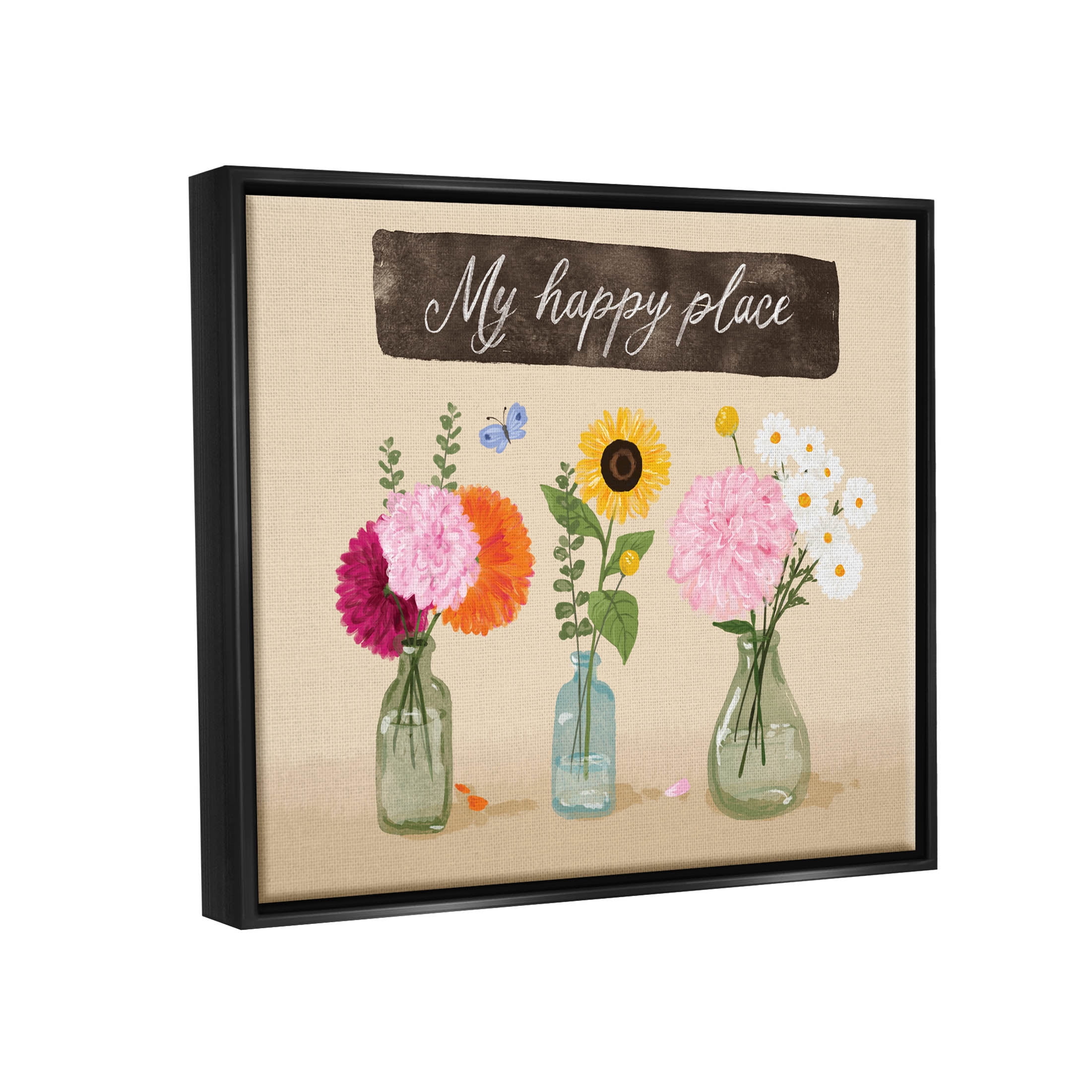 Stupell Industries My Happy Place Bouquets Graphic Art Jet Black Floating Framed Canvas Print Wall Art, Design by Be Ni La