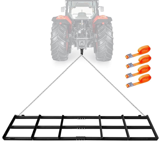Yiwa Herse Robuste de 4 Pi, Ramasse-Gravier avec Râteau à Gravier Réglable, Chaîne et 4 Sangles de Sécurité pour Utilisation sur ATV, UTV Ou Tracteur sur Allée et Sol