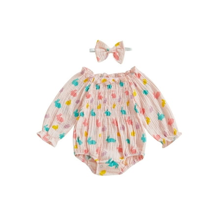 

Awevudst Newborn Baby Girl Easter Romper Casual Long Sleeve Bunny Print Pleated Romper with Headband