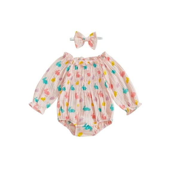 Newborn Baby Girl Easter Bunny Print Romper Long Sleeve Off Shoulder Romper with Headband for Infant 2Pcs Cotton Cute Clothes