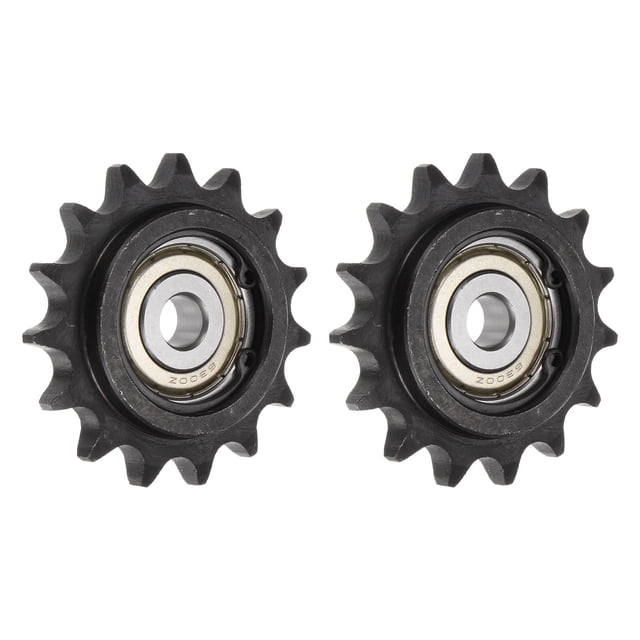2 pcs engranaje de tensores de cadena rodante ansi #40 con orificio de 10mm, paso de 1/2" 15 dientes endurecidos, vista frontal centrada de dos engranajes con 15 dientes templados y núcleo de rodamiento de precisión visible, orificio interior de 10 mm, acero #45 con acabado oscuro, para montaje en eje fijo y uso con cadena ANSI #40 en sistemas de transporte y maquinaria industrial; a menudo usado para tensado en proyectos de taller.