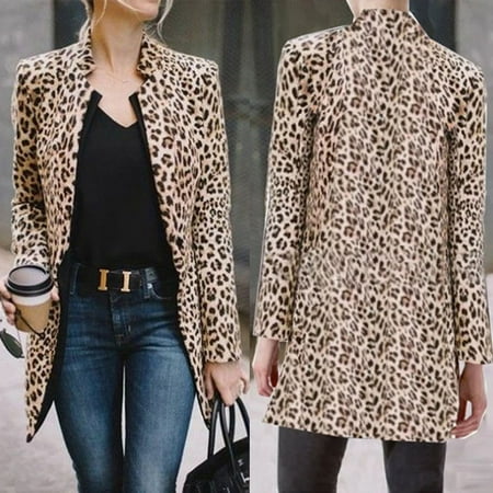 Women Leopard Print Long Sleeve Cardigan Jacket Casual Coat Business Suit Jacket Outwear