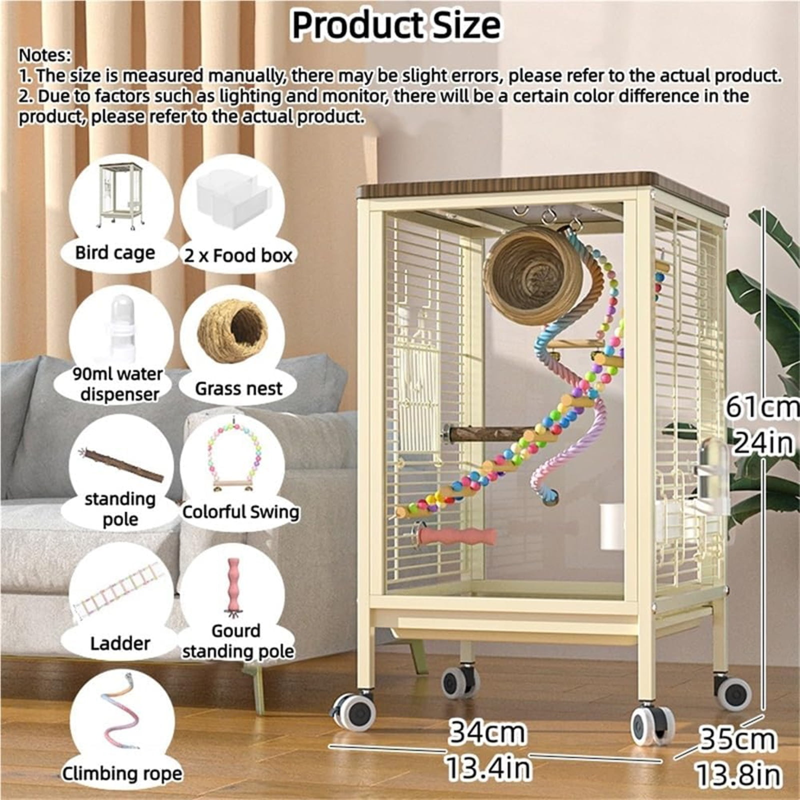 Large Bird Cage for Parrots, with Acrylic Doors & 4 Casters, Rolling Bird Cage with Acrylic Panel Birdcage Includes Perch/Feeder/Swing/Detachable Drawer with Bird Feeders