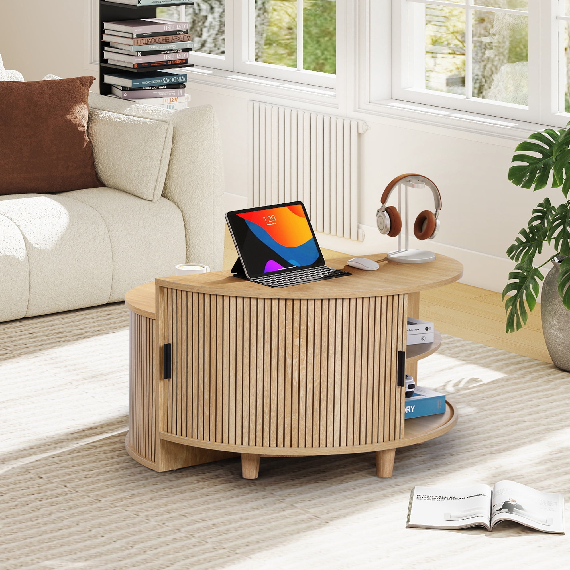 Wirrytor Fluted Round Coffee Table with Flip Top and Hidden Storage Compartments, Mid Century Modern Center Table with Sliding Door for Living Room, Oak Finish